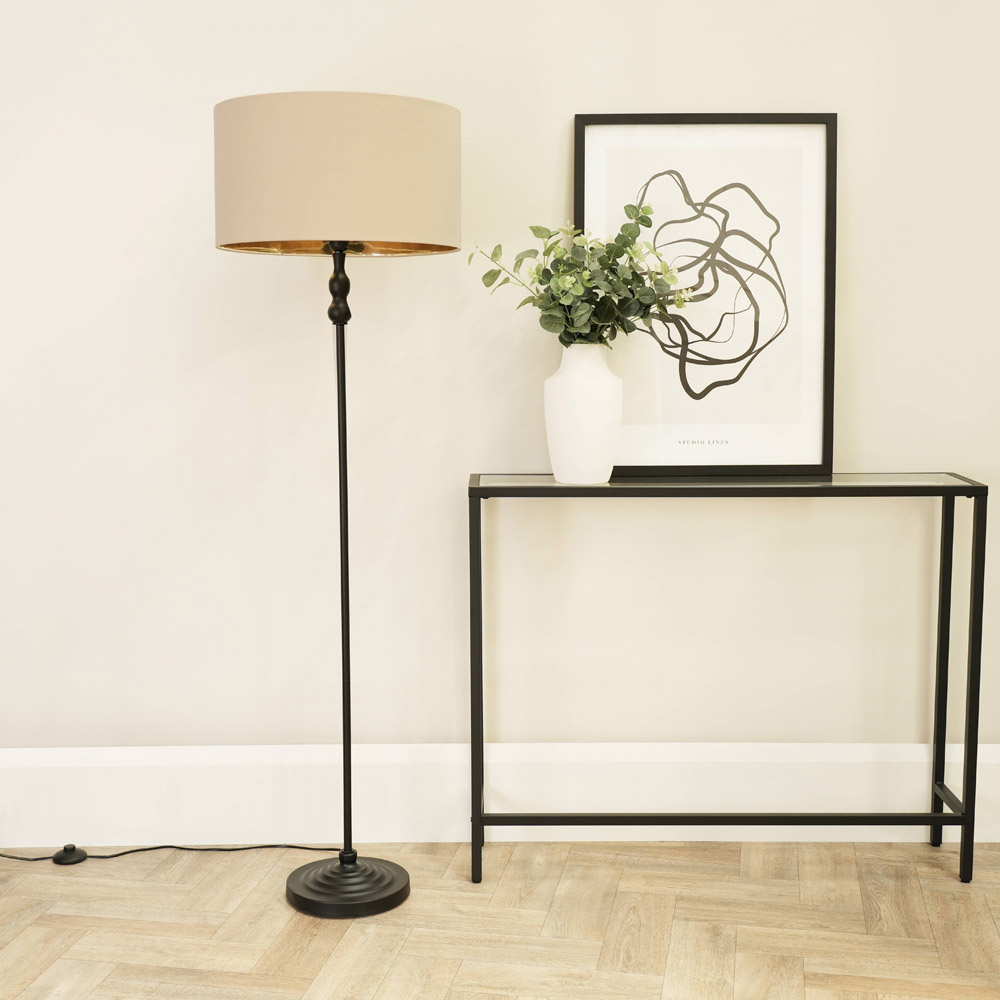 ValueLights Maggie Beige and Metallic Gold Shade Black Metal Candlestick Floor Lamp Image 3