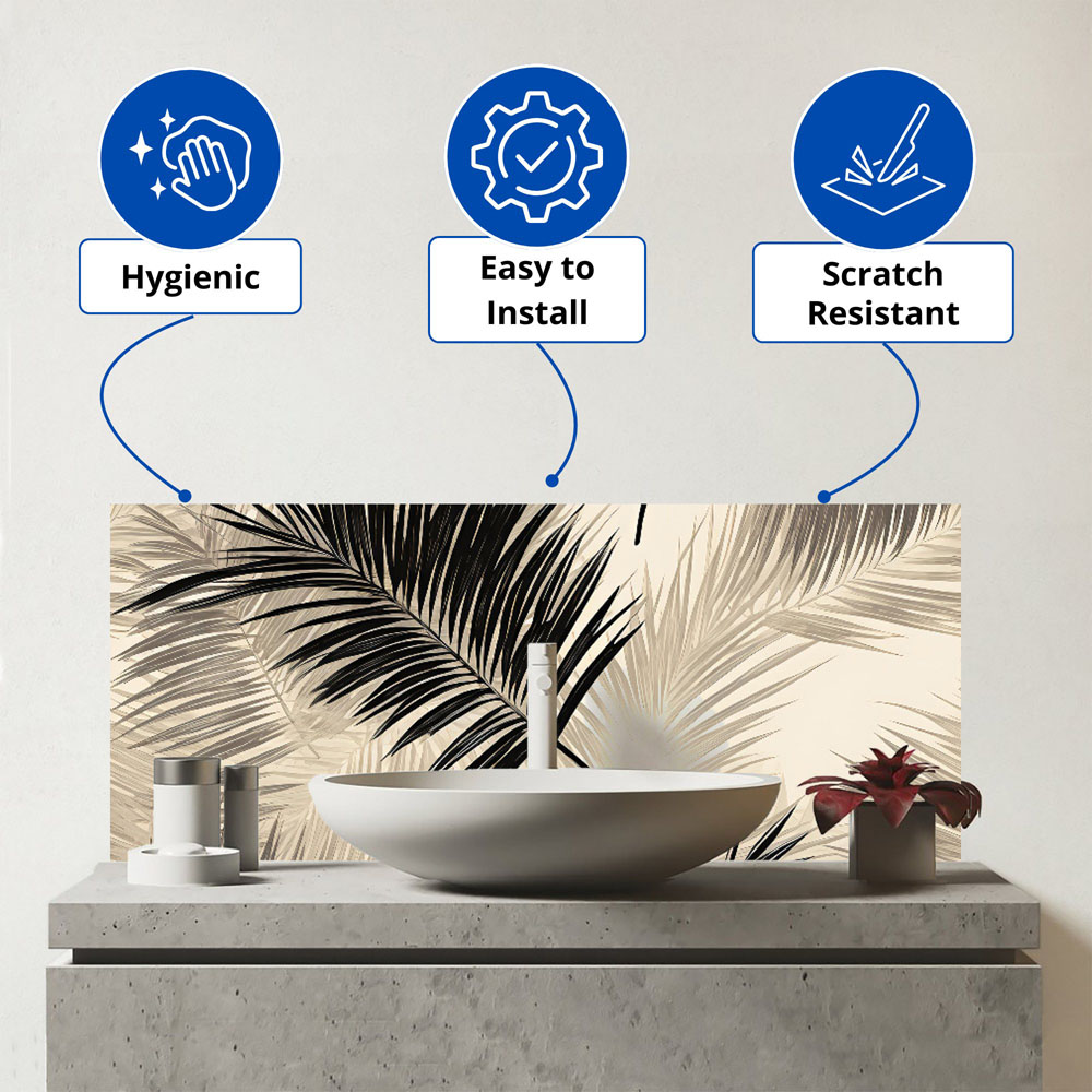 Warren Reed Designer Black and White Tropical Palm Leaves Glass Bathroom Splashback 25 x 60cm Image 3