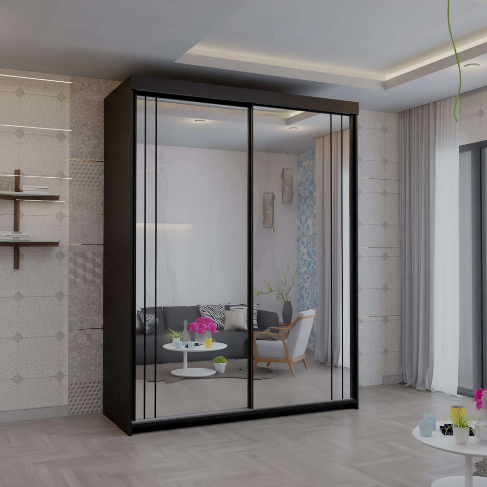 Sliding Wardrobes 4U Smart 2 Sliding Door Black Full Length Mirrored Wardrobe 150cm Image 3