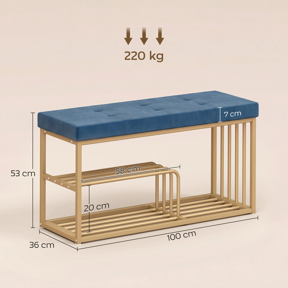 Portland 3 Shelf Dark Blue Shoe Rack Bench with Tufted Cushion Seat Image 8