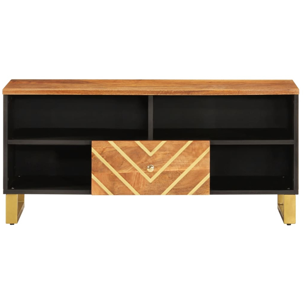 vidaXL Single Drawer 4 Shelf Brown and Black Solid Mango Wood TV Cabinet Image 4