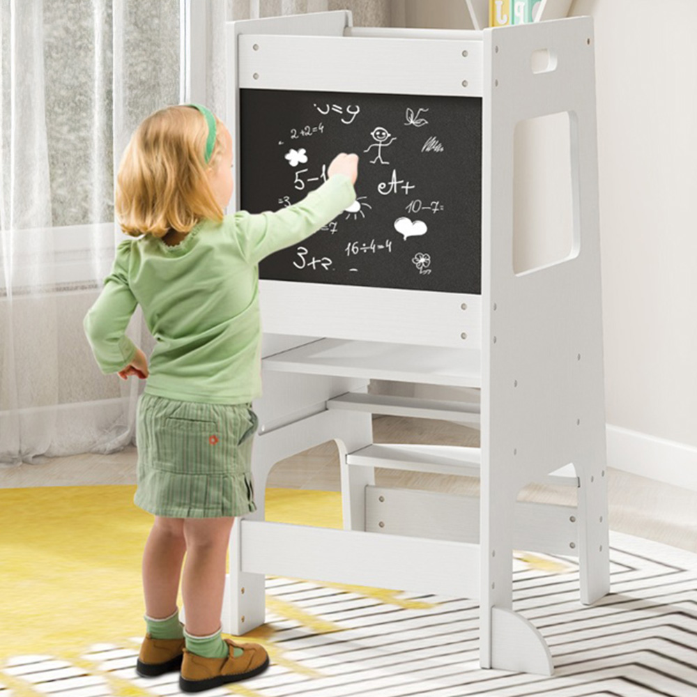 Costway White Adjustable Toddler Kitchen Step Stool with Activity Chalkboard Image 1