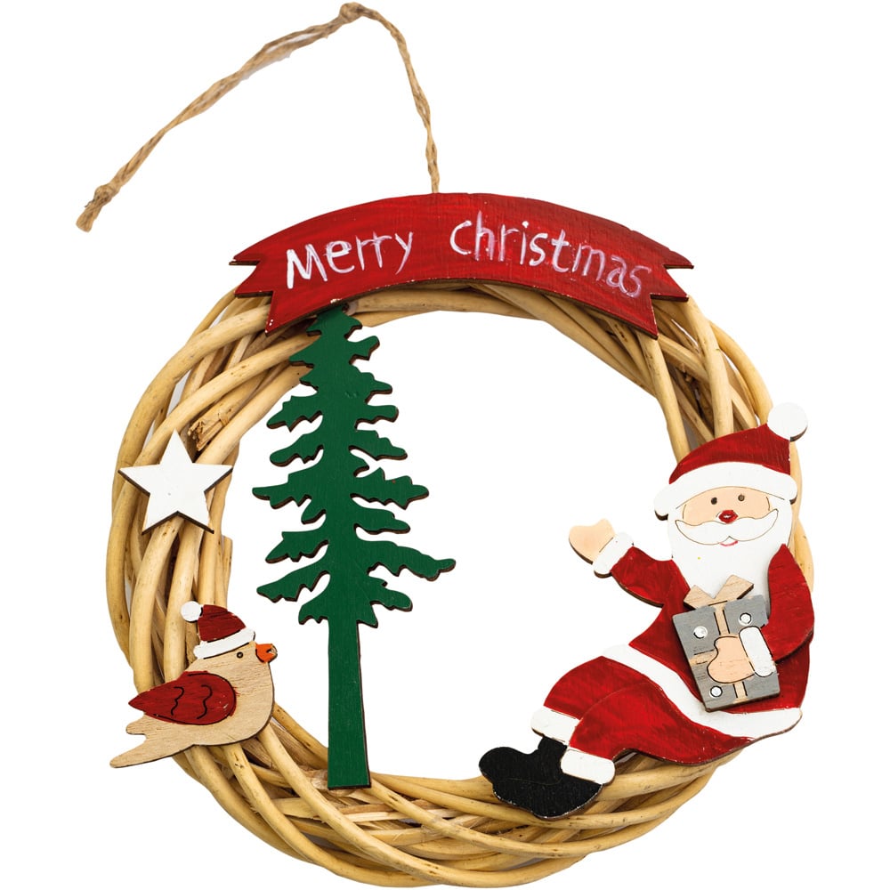 St Helens Natural Colour Hanging Wicker Wreath with Santa Image 1