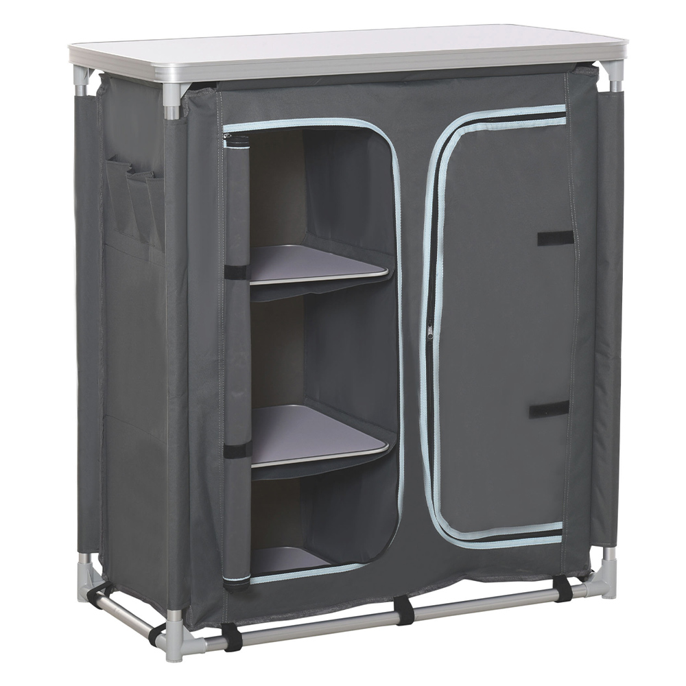 Outsunny Camping Kitchen Cupboard with 3 Shelves Grey Image 1