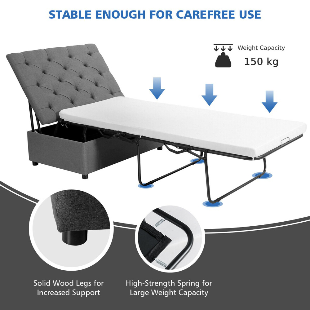 Costway Single Sleeper Grey Convertible Sofa Bed with Mattress Image 7