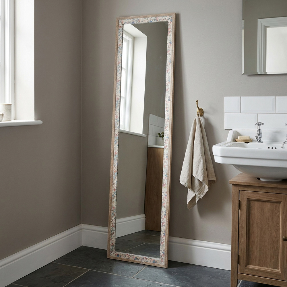 Floral Linen Wooden Dress Mirror Cream Image 7