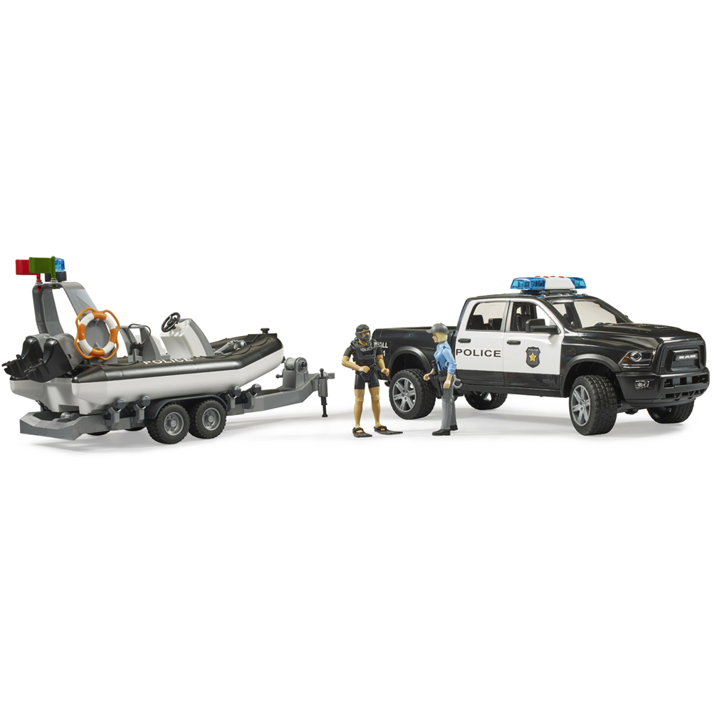 Bruder RAM 2500 Light and Sound Police Pickup Wagon with Trailer Boat and 2 Figures Image 5