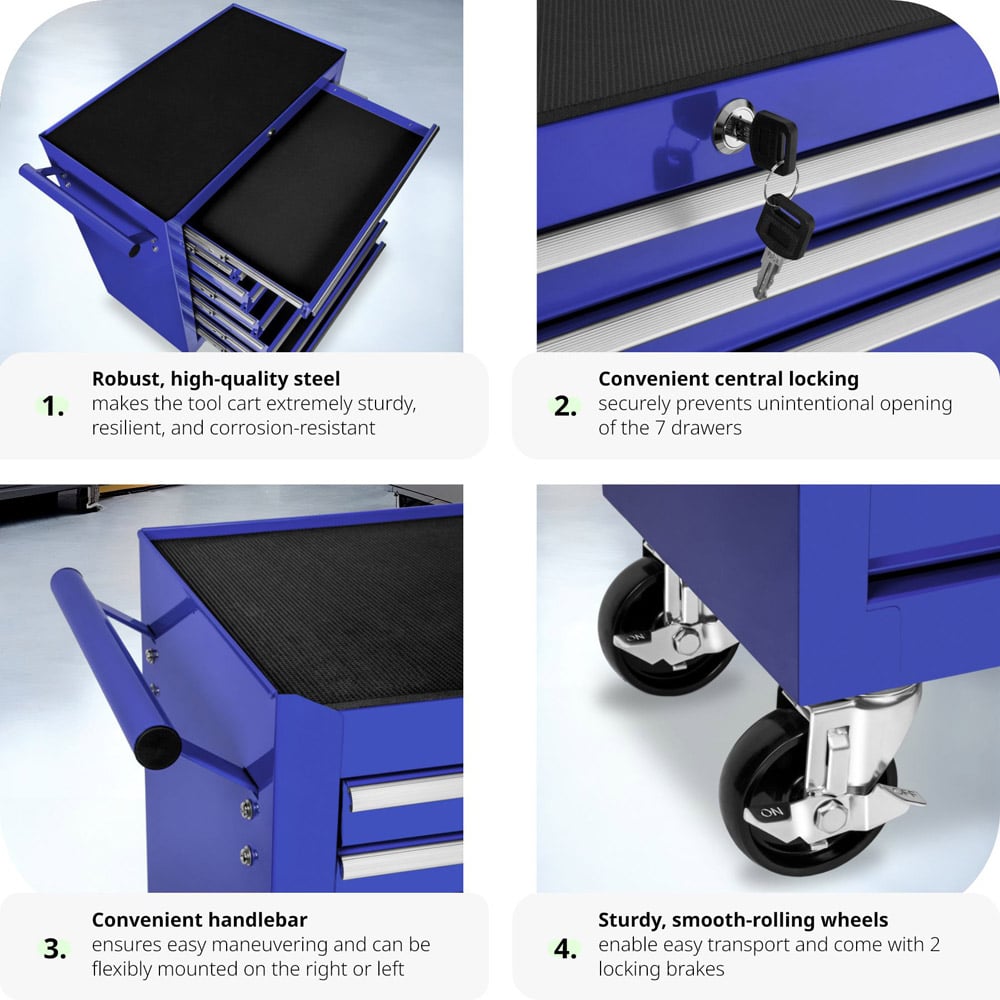 tectake 7 Drawer Blue Tool Chest of Drawers with Wheels Image 4