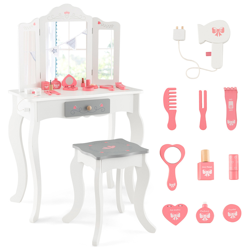Costway White Kids Vanity Table and Stool with Detachable Tri Fold Mirror Image 2