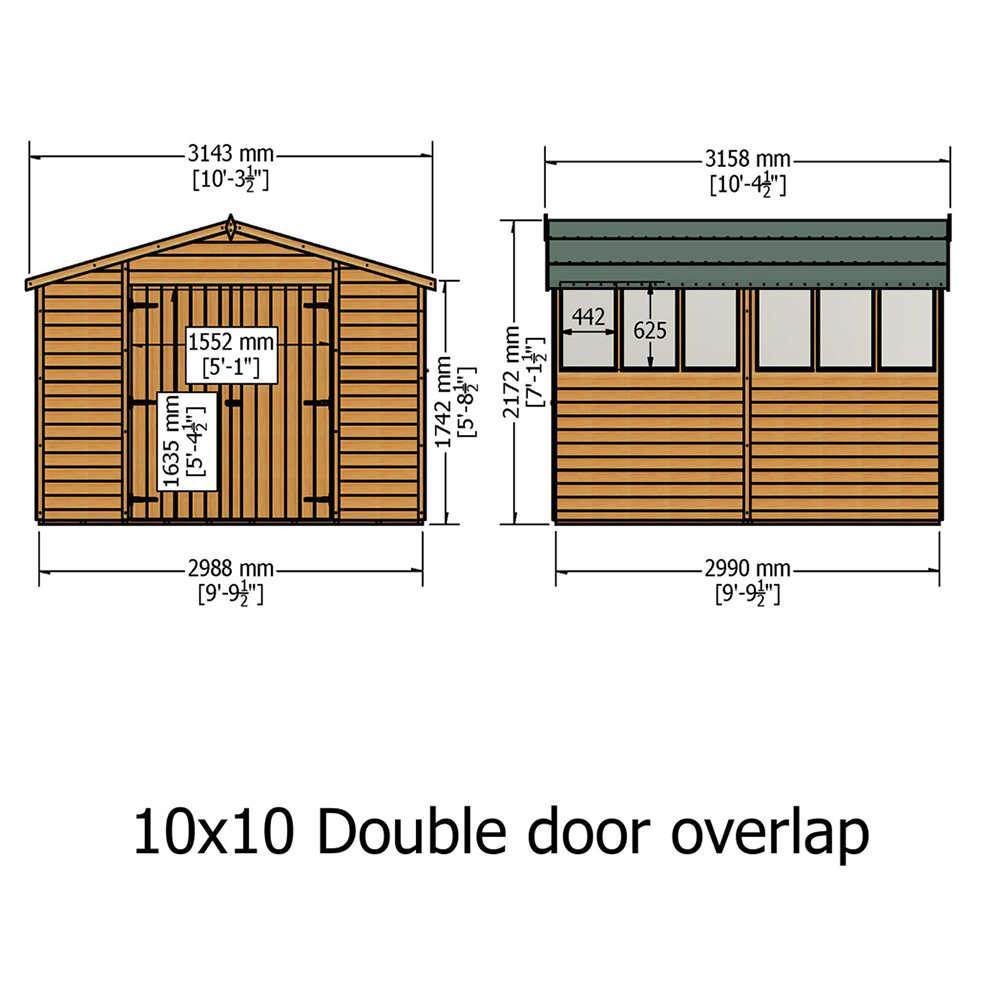 Shire 10 x 10ft Double Door Dip Treated Overlap Apex Shed Image 4