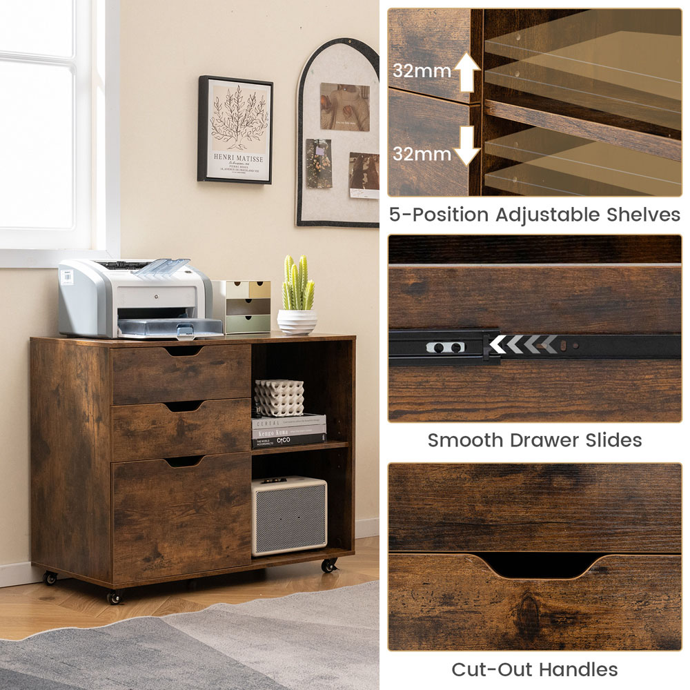 Costway 3 Drawer 2 Shelf Rustic Brown Mobile File Cabinet Image 5