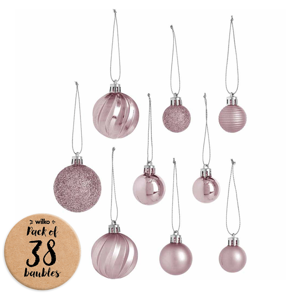 Wilko 38 Pack Pink Glitters Mini Christmas Baubles Image 1