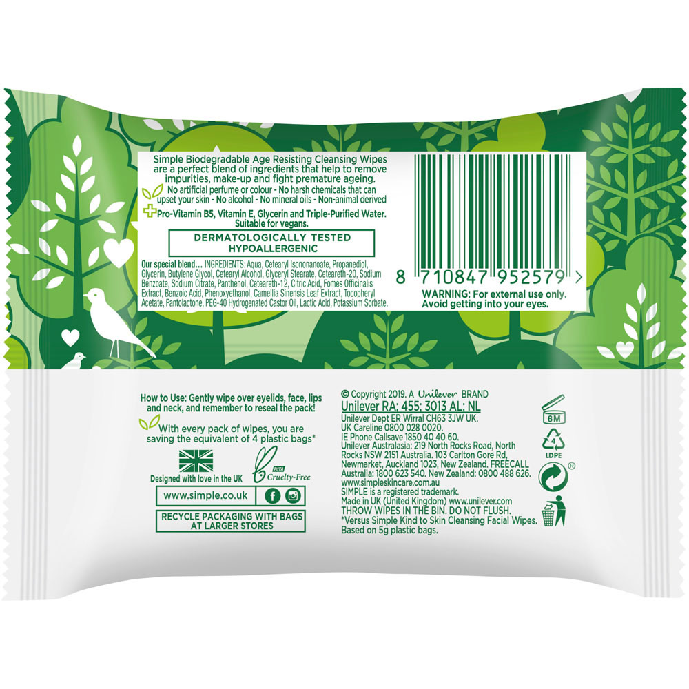 Simple Age Resisting Biodegradable Wipes 20 Pack Image 3