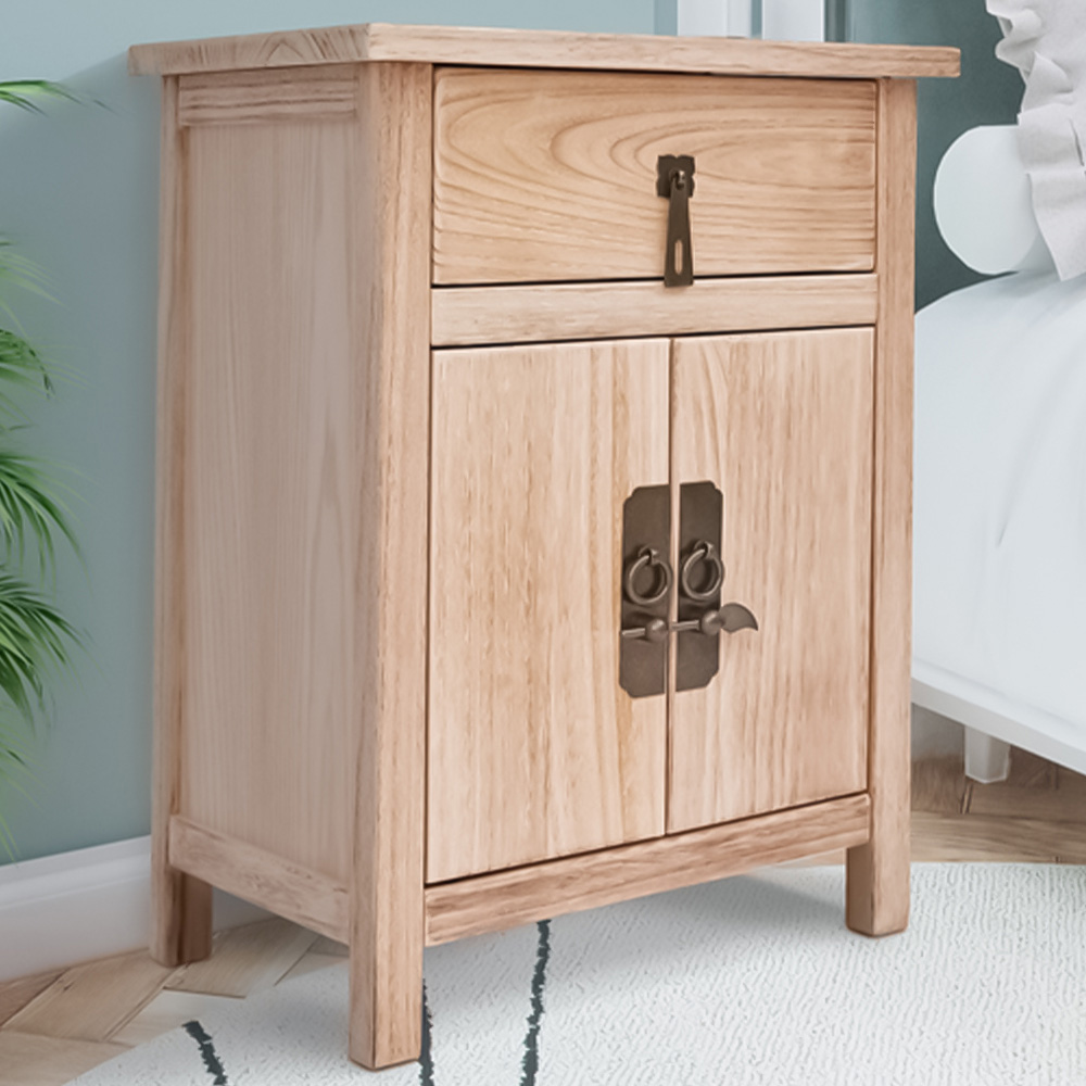 Portofino 2 Door Single Drawer Light Wood Bedside Table with Drop Handle Image 1