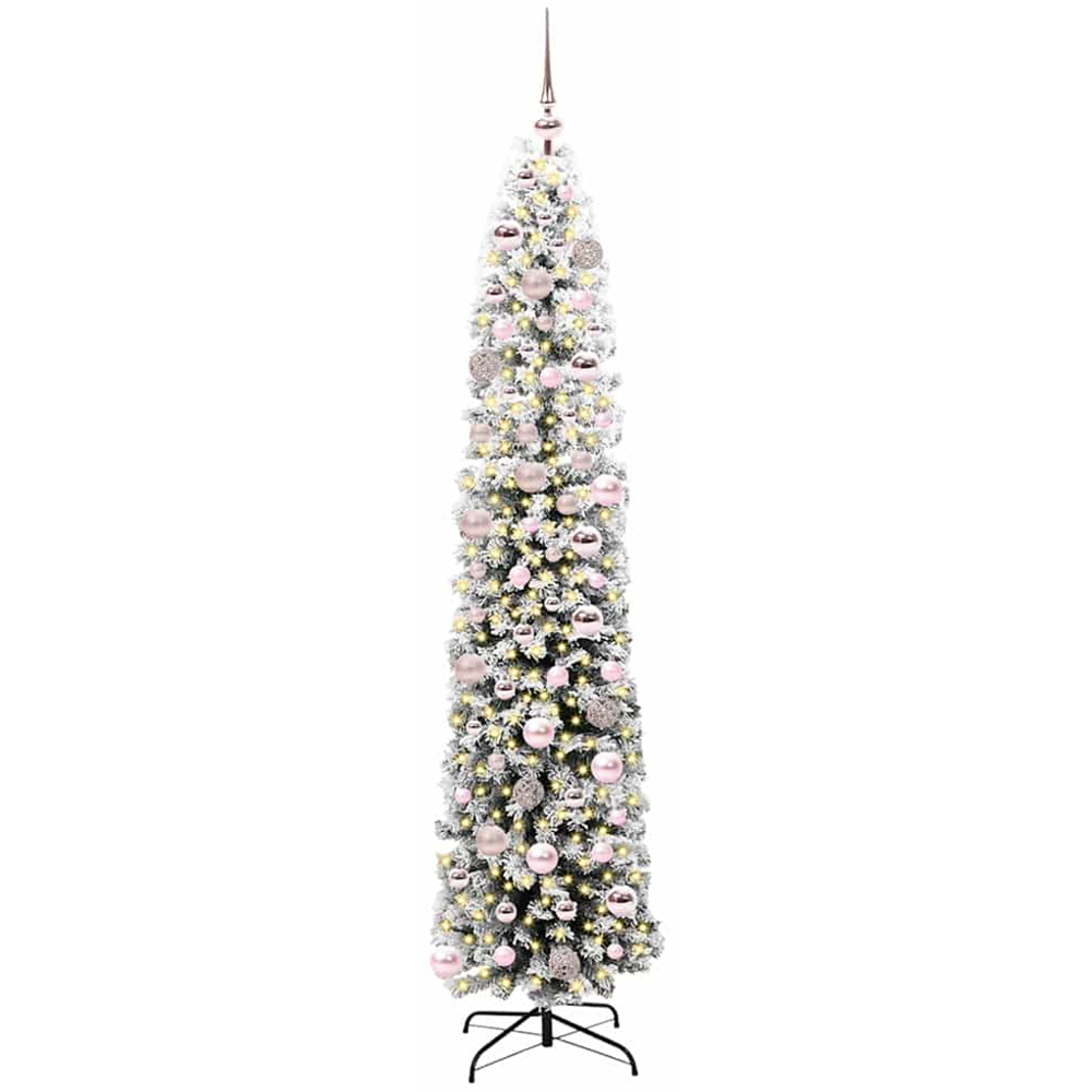 vidaXL Green Snow Flocked Artificial Christmas Tree with LEDs Pink Decoration Ornaments 6ft Image 1