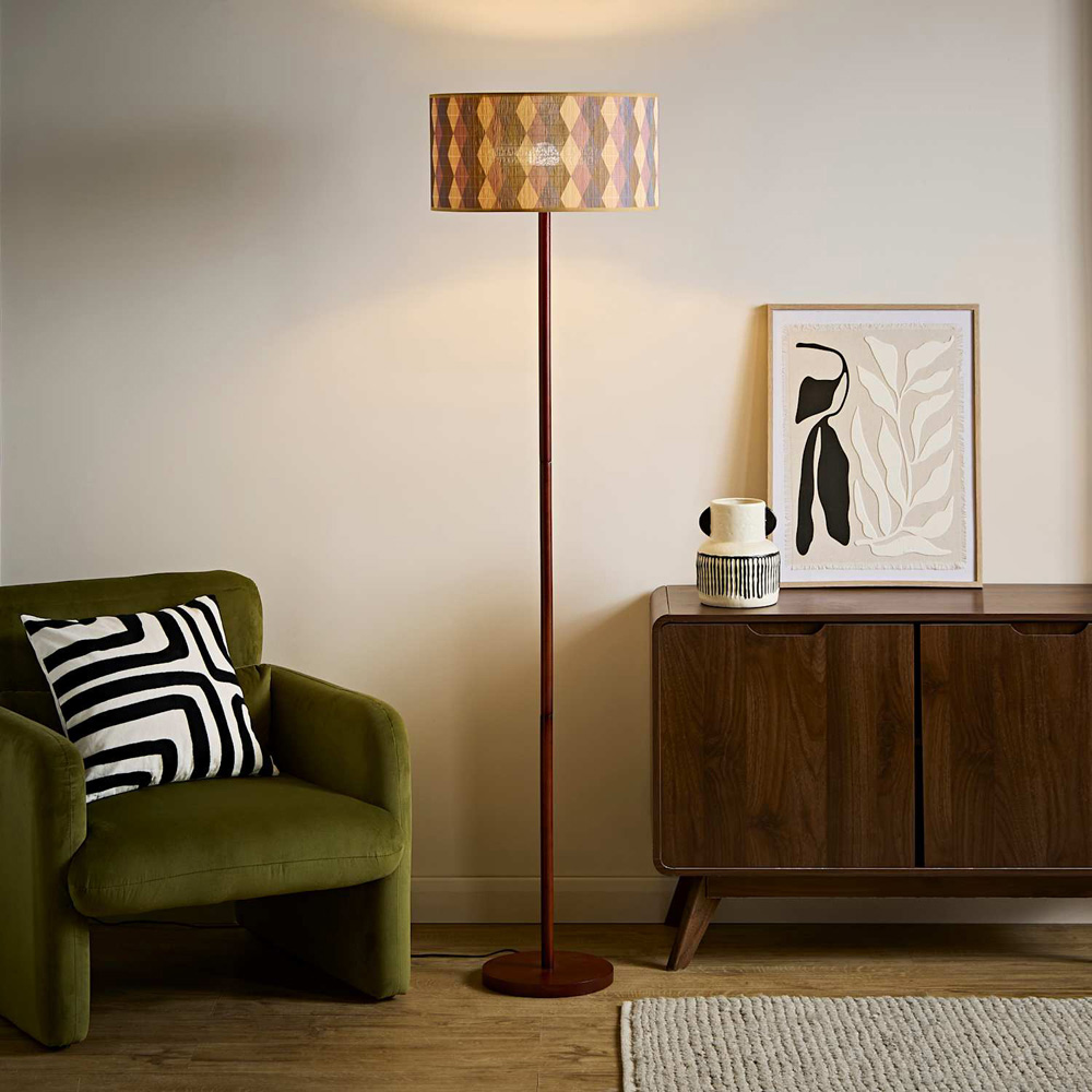 ValueLights Heather Diamond Print Bamboo Drum Shade Dark Wood Stem Floor Lamp with Bulb Image 5