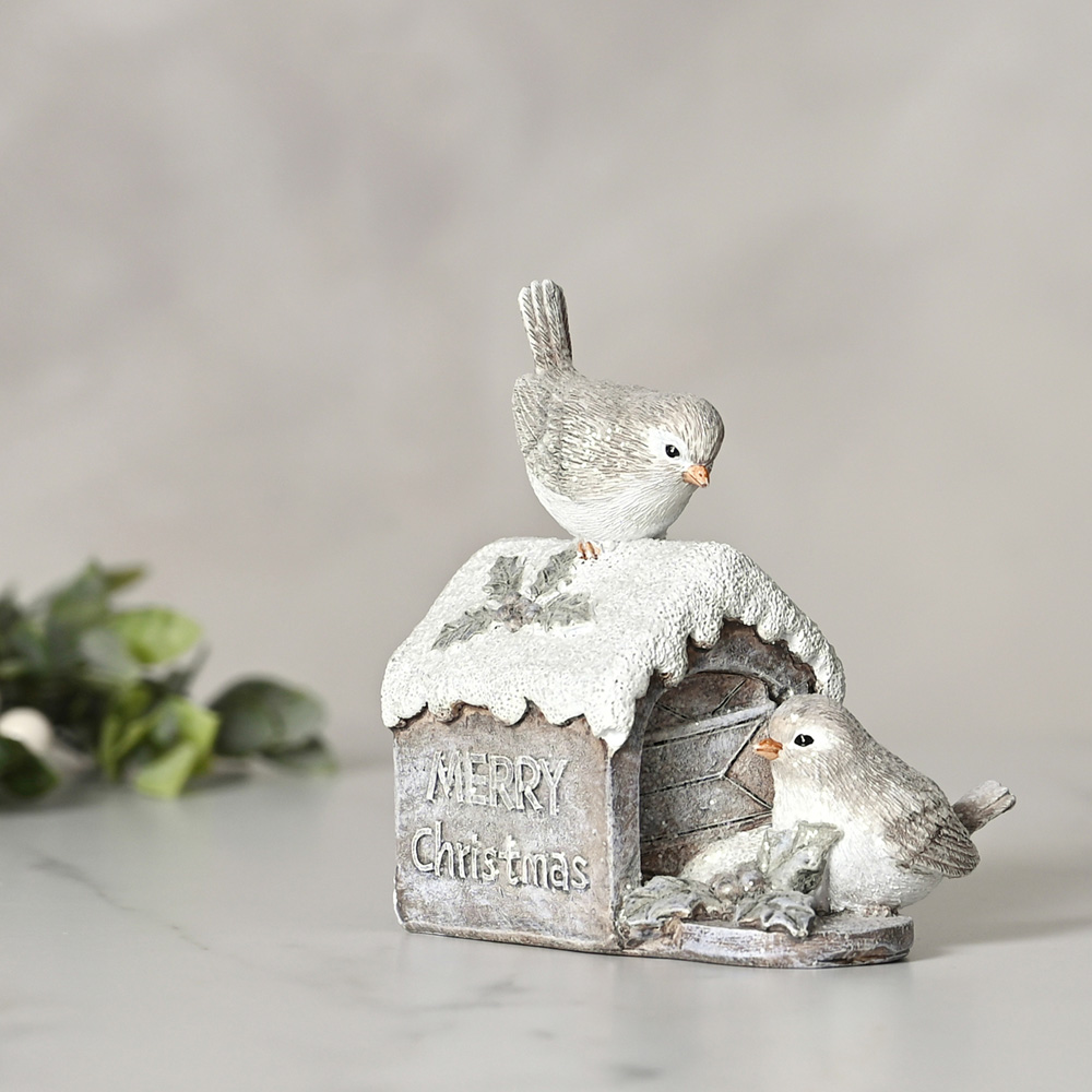 The Christmas Gift Co Silver LED 2 Robins on House Figurine Image 2