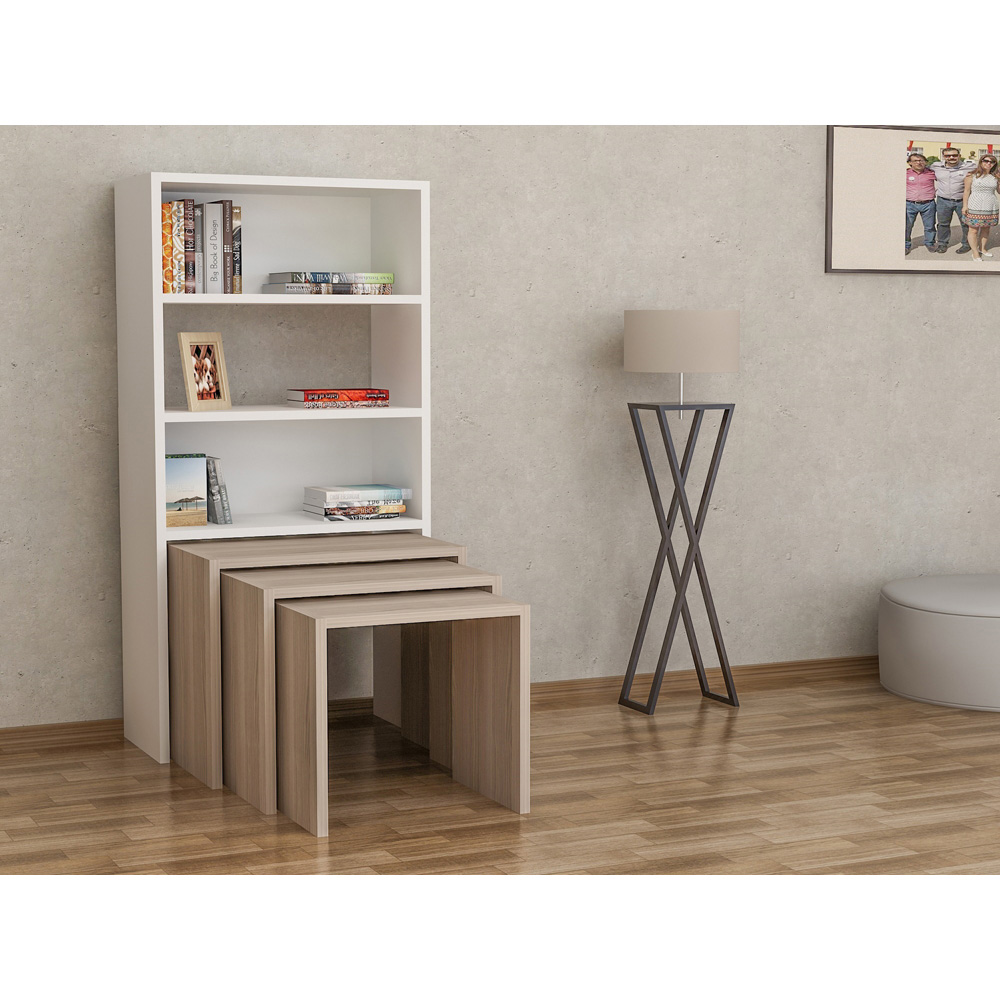 Decorotika Modern Melo 3 Shelf White Cordoba Bookcase with Nest of Tables Set of 3 Image 4