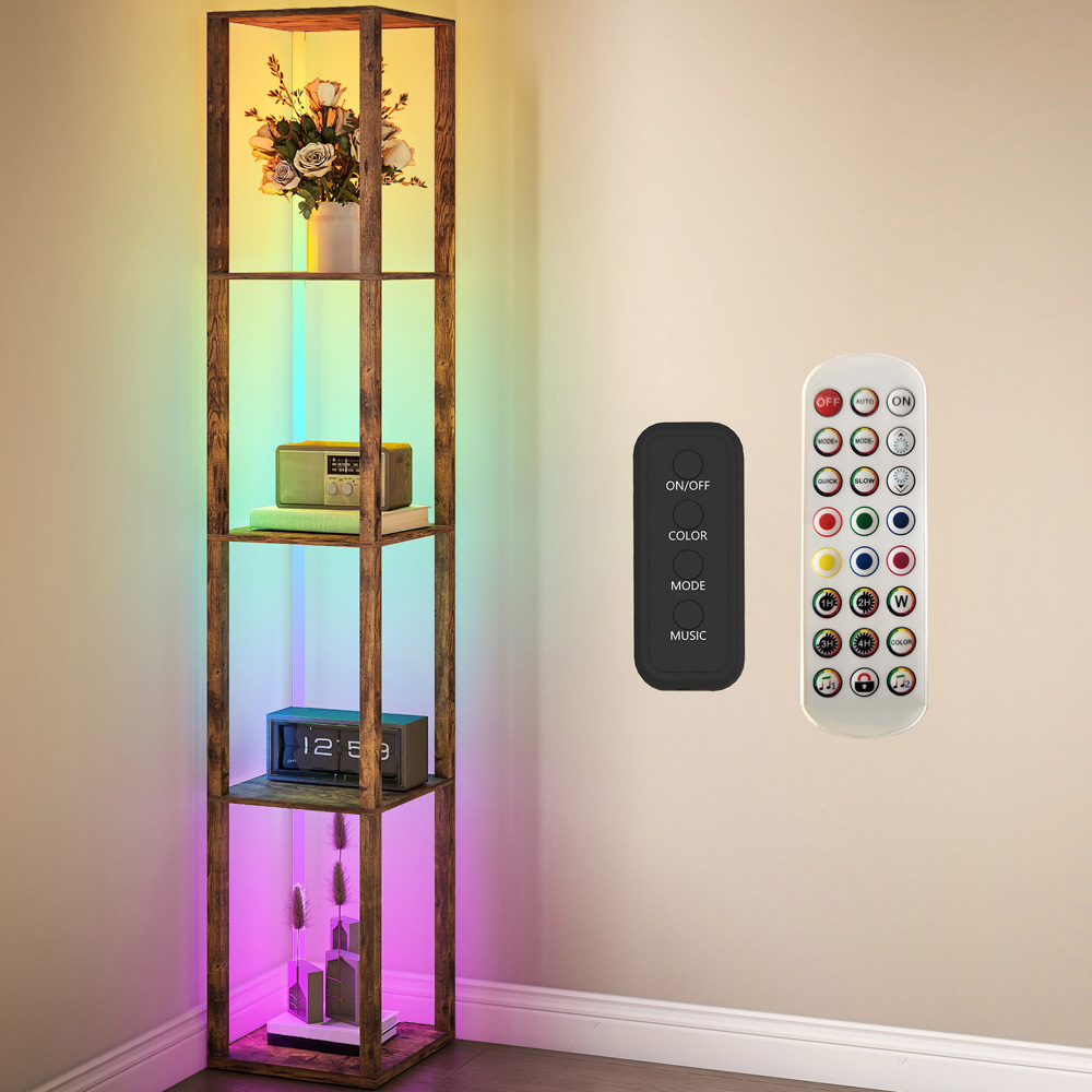 HOMCOM 4 Shelf Rustic Brown RGB LED Floor Lamp with Remote Image 2