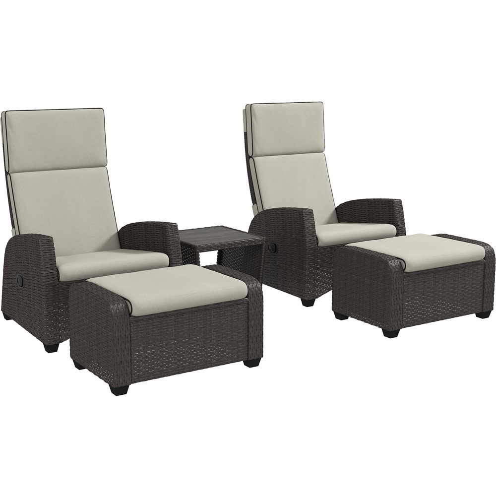 Outsunny 5 Piece Brown Rattan Reclining Chair Set with Footstools and Coffee Table Image 2