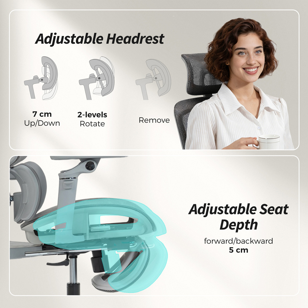 Portland Grey Mesh Ergonomic Office Chair with Lumbar Support and 6D Armrests Image 6