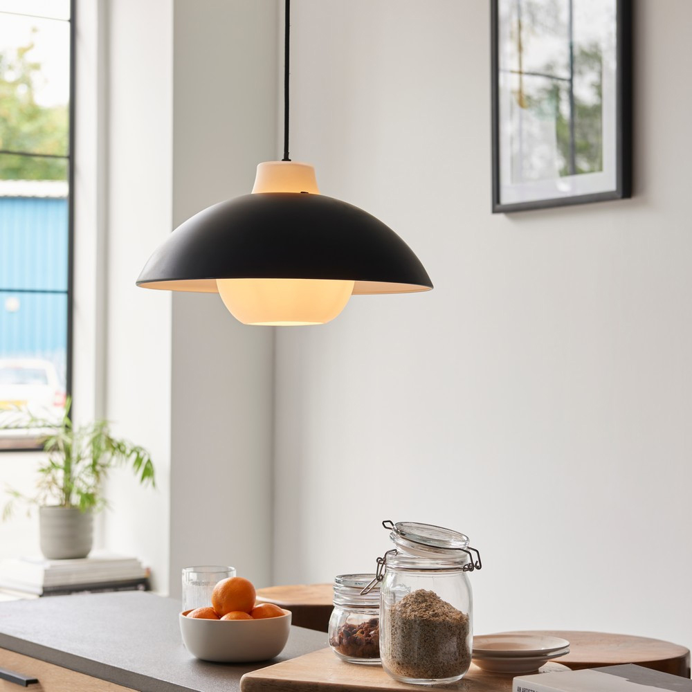 Merano Matt Black Curved Matt White Glass Pendant Ceiling Light Image 5