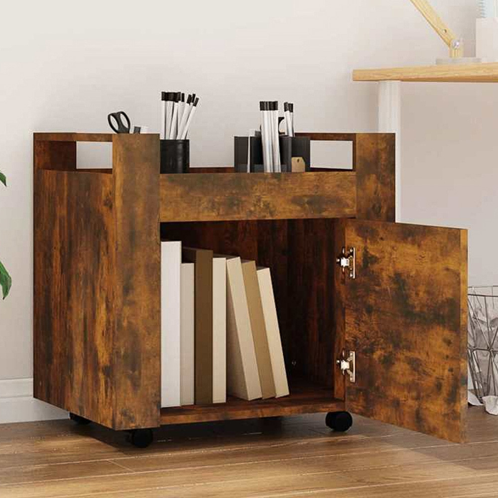 vidaXL Single Door Single Shelf Smoked Oak Wooden Desk Trolley Image 1