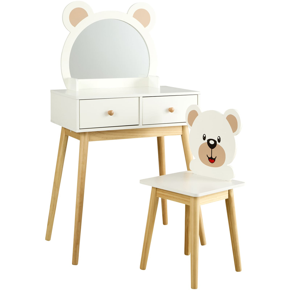 Home Source Ted 2 Drawer White Bear Design Kids Dressing Table Set with Mirror Image 2