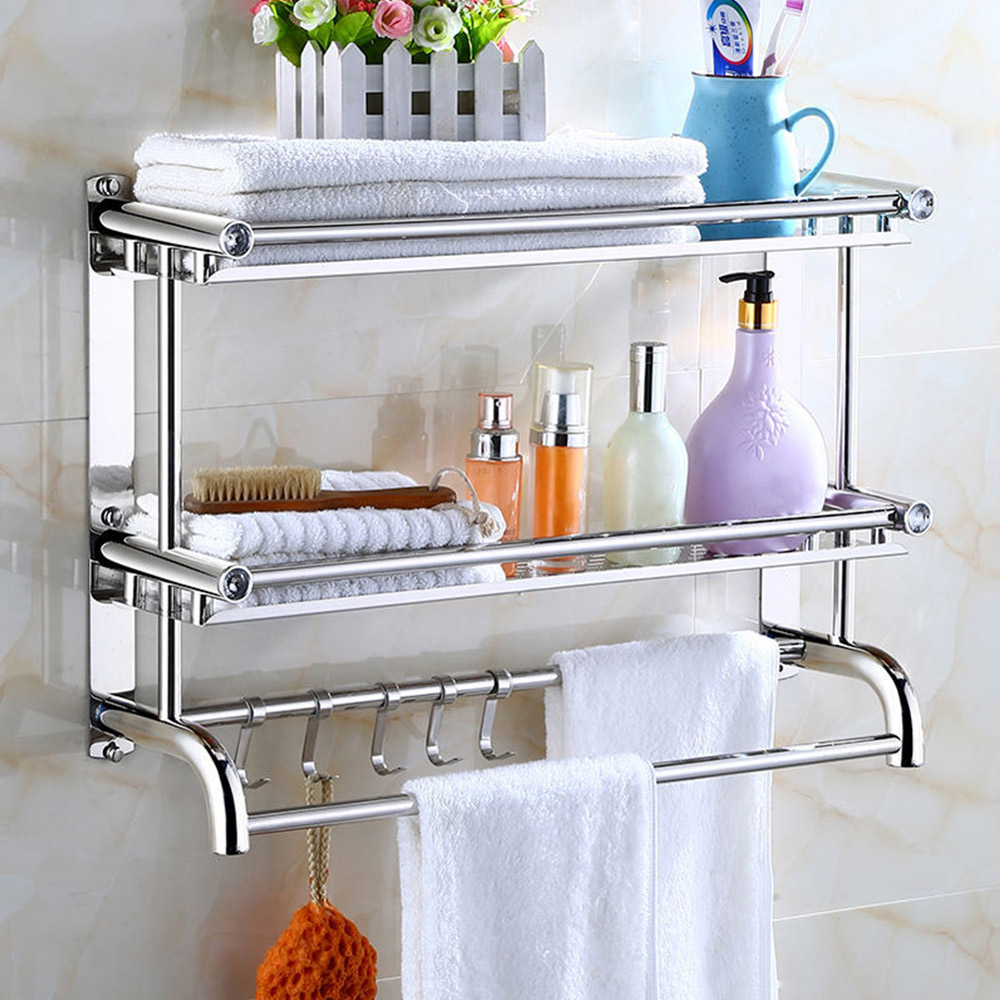 Living And Home WH0925 Silver Stainless Steel 2-Tier Bathroom Towel Rail With Hooks Image 2