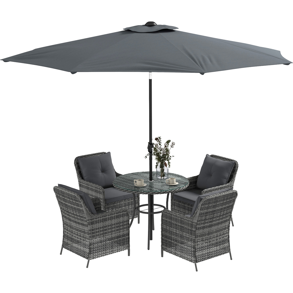 Outsunny 4 Seater Round Rattan Dining Set with Umbrella Grey Image 2