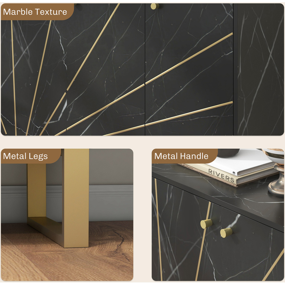 Portland 3 Door Black and Gold Tone Marble Texture Sideboard Image 6