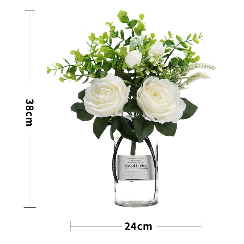Living And Home SW0247 White Glass Vase Artificial Plant 38cm Peony Image 6