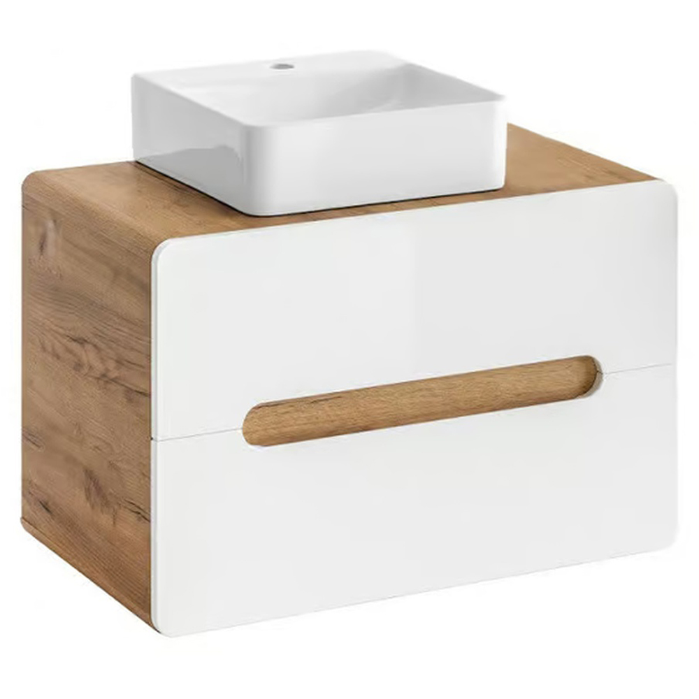 Impact Furniture Aruba White Gloss and Oak Wall Hung Bathroom Cabinet with Countertop Sink 800mm Image 2