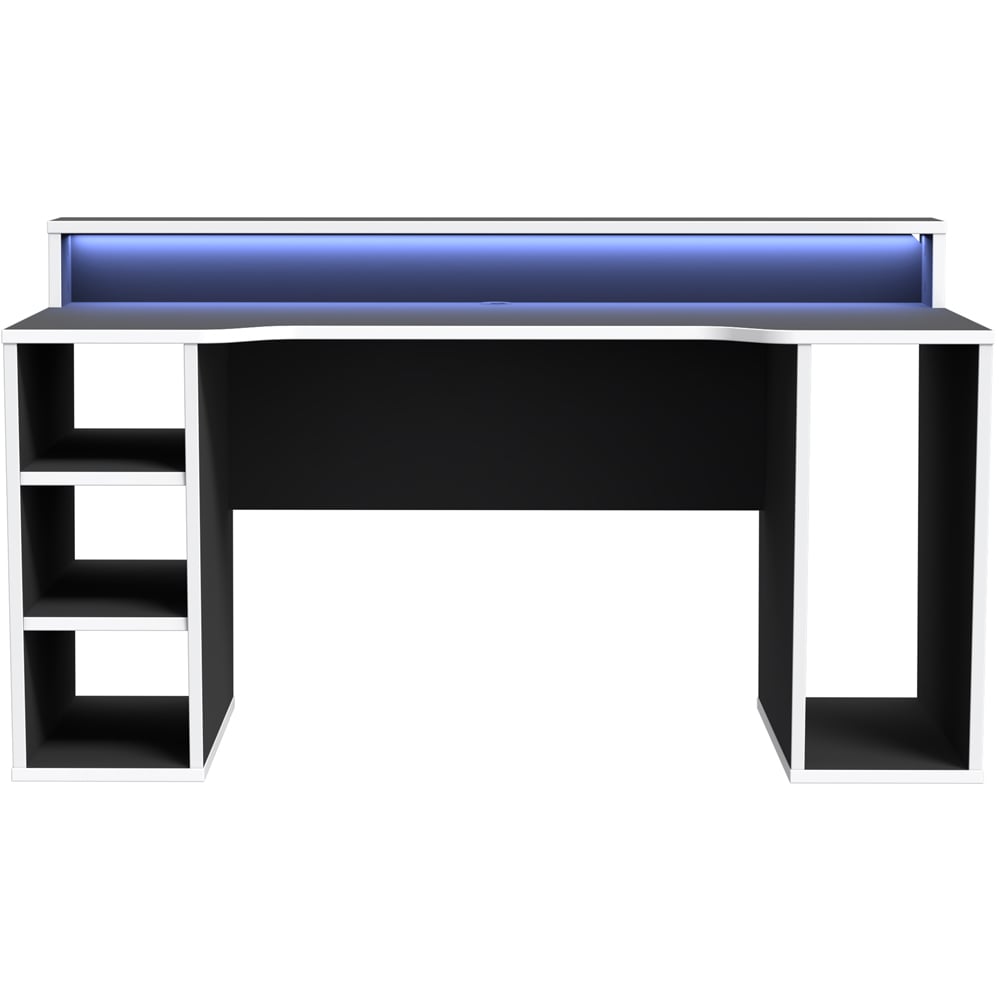 Florence Tezaur 4 Shelf Black LED Gaming Desk with White Trim Image 3