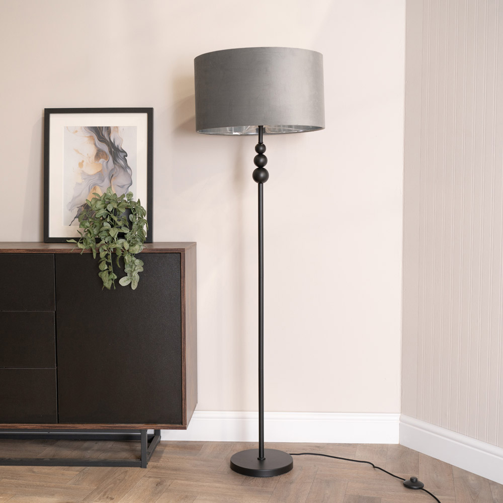 ValueLight Marissa Grey Velvet Chrome Inner Shade Black Stacked Ball LED Floor Lamp Image 2