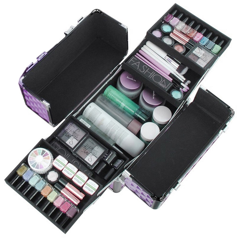 Living and Home Purple Diamond Pattern Makeup Train Trolley Case Image 6
