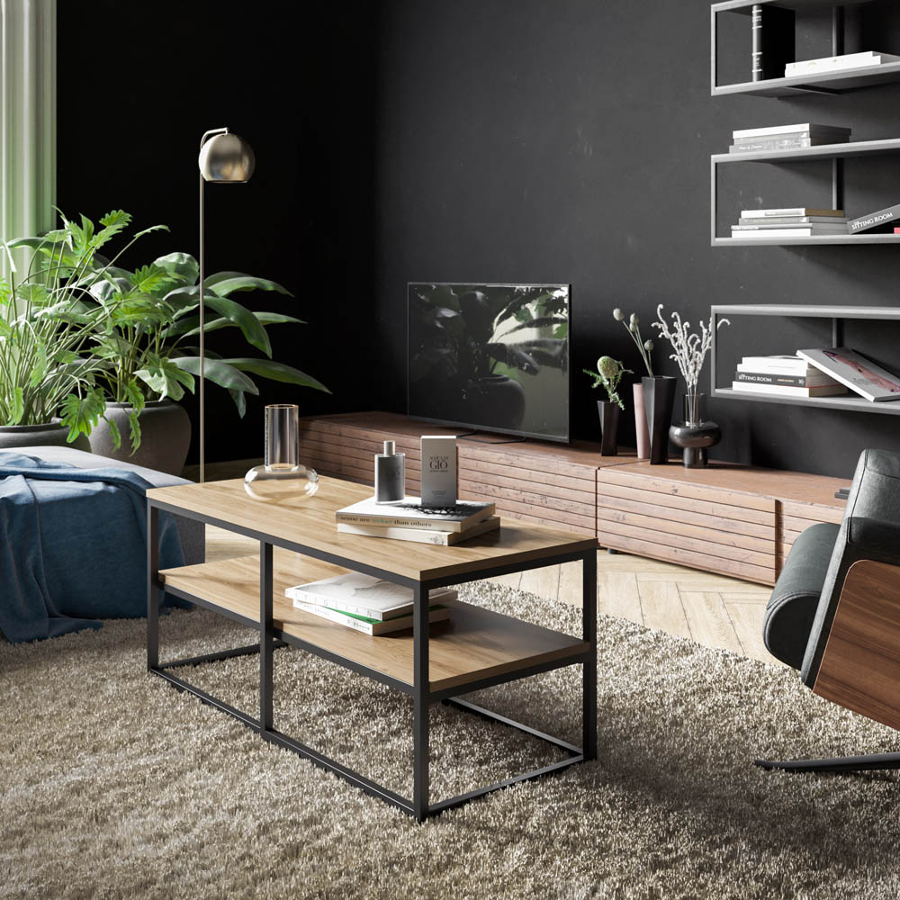 Decorotika Forteus Single Shelf White Marble Effect Oud Black Modern Coffee Table Image 4