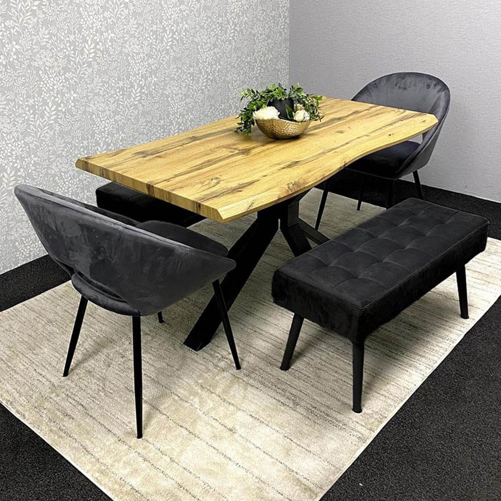 Portland 4 Seater Velvet Wooden Dining Set with Bench Brown Grey and Black Image 1
