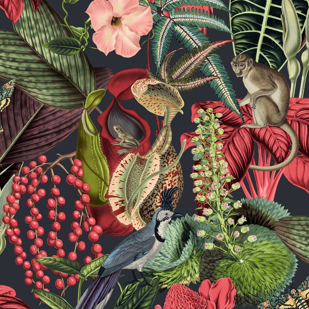 Grandeco Amazon Botanical Wildlife Jungle Green and Pink Textured Wallpaper Image 1