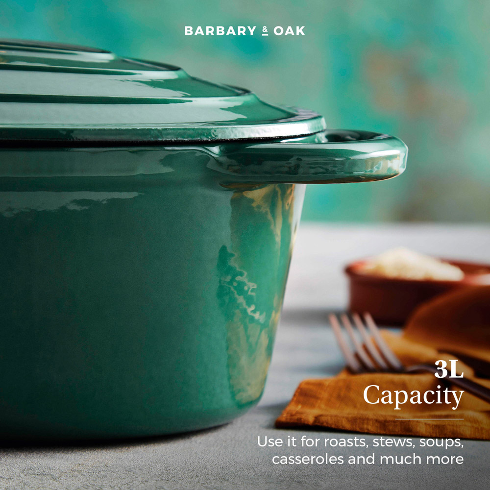 Barbary & Oak 29cm Verdigris Green Cast Iron Oval Casserole Dish with Domed Lid Image 8