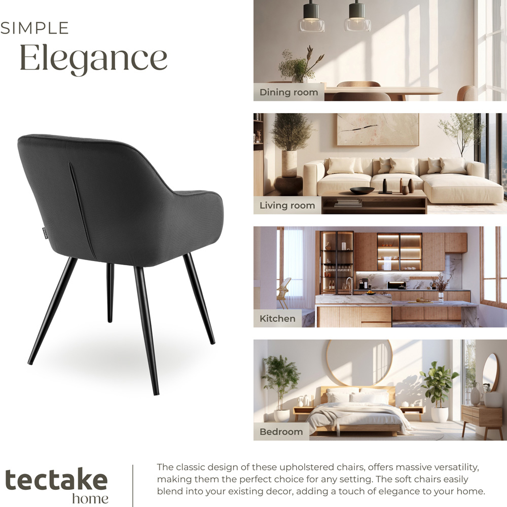 tectake Marilyn Set of 4 Anthracite Black Corduroy Padded Dining Chair Image 7