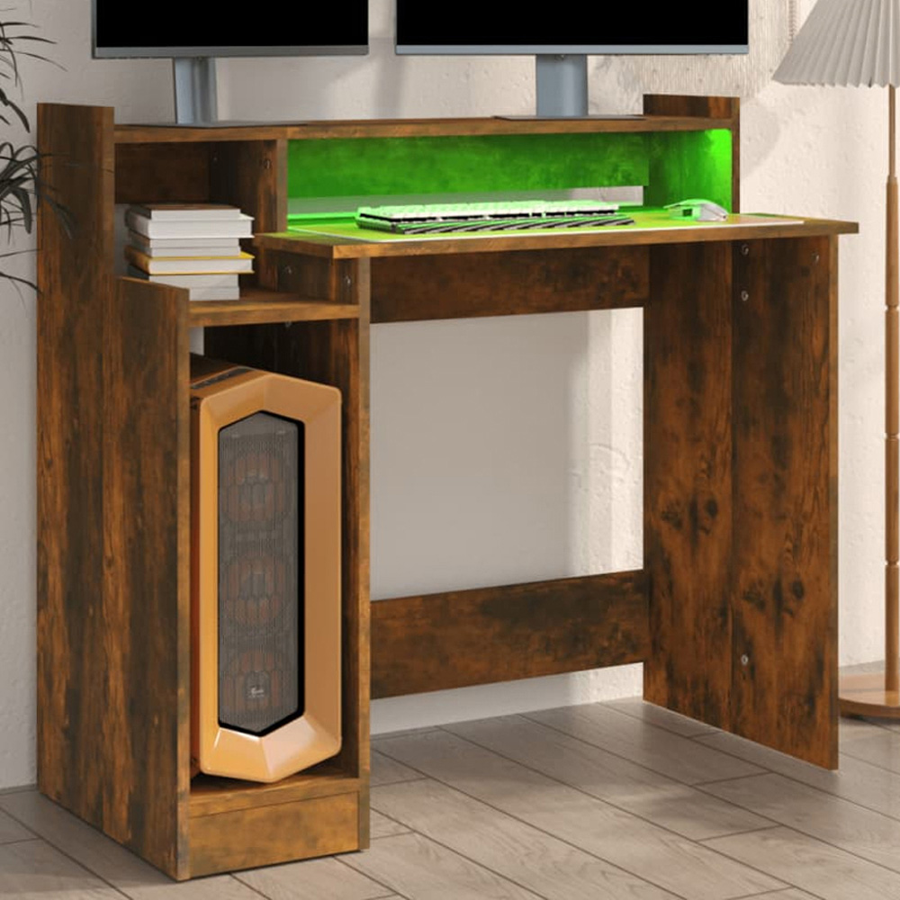 vidaXL 3 Shelf LED Computer Desk Smoked Oak Image 1