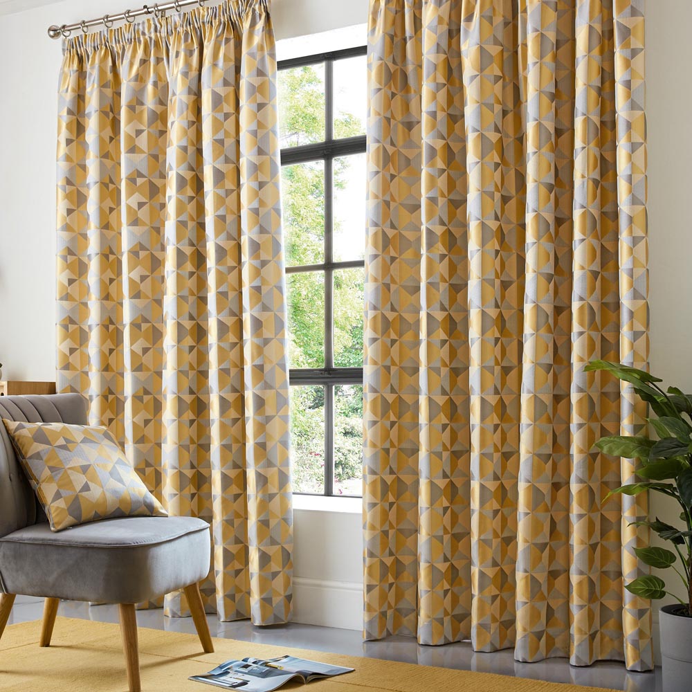 Alan Symonds Scandi Ochre Grey Silver Jacquard Lined Pencil Pleat Taped Top Curtains 228 x 228cm Image 1