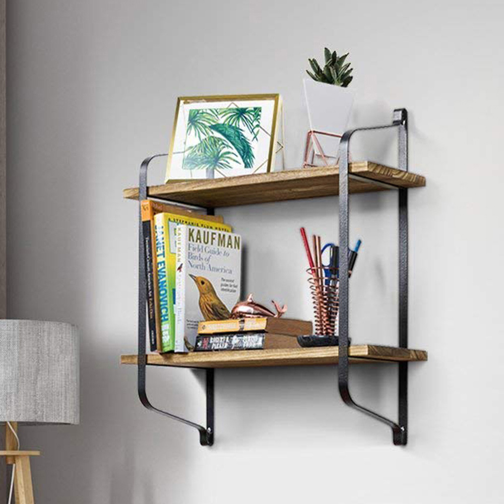 Living And Home WH0948 Wood Metal Frame & Wood 2-Tier Wall Mounted Floating Shelf Image 7
