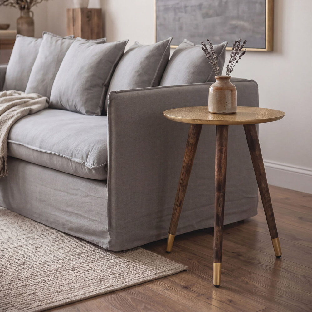 Premier Housewares Boho Gold Finish Wood and Metal Carved Side Table Image 3