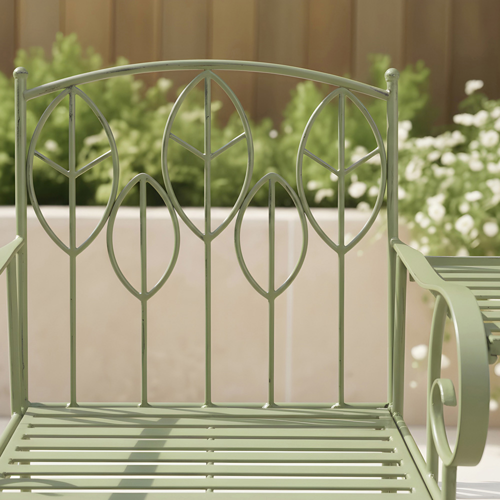 Charles Bentley 2 Seater Sage Green Rustic Metal Leaf Pattern Garden Companion Seat Image 7