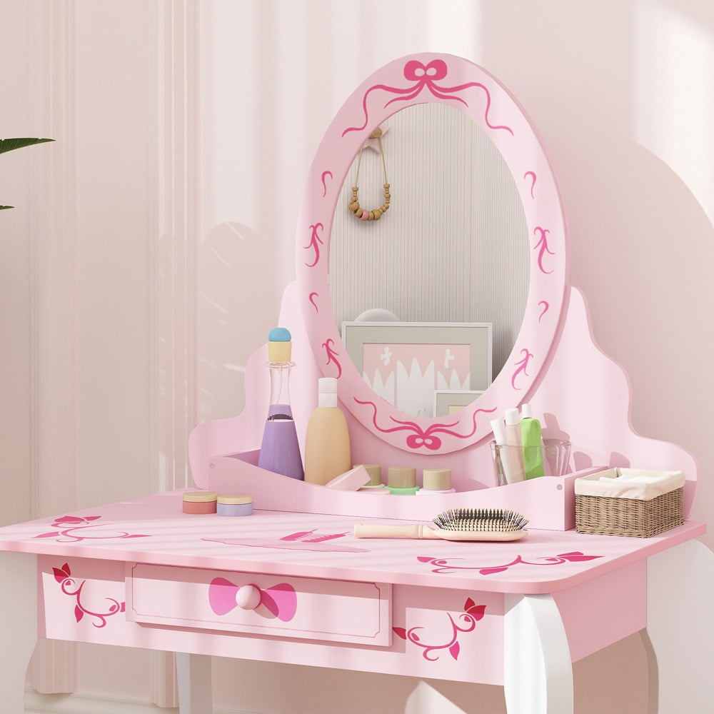 AIYAPLAY 2 Piece Pink Round Mirror Kids Dressing Table Set Image 3