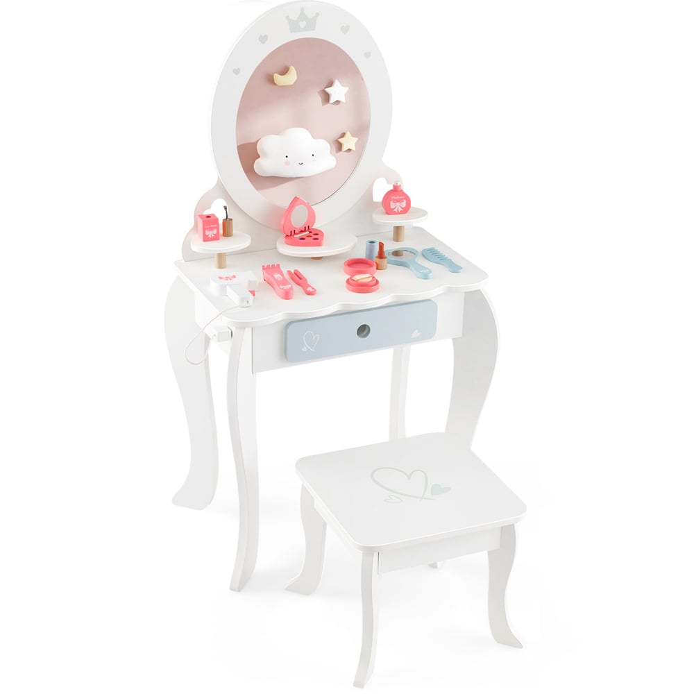 Costway Kids 3 Shelf White Vanity Dressing Table Set with Mirror Image 2