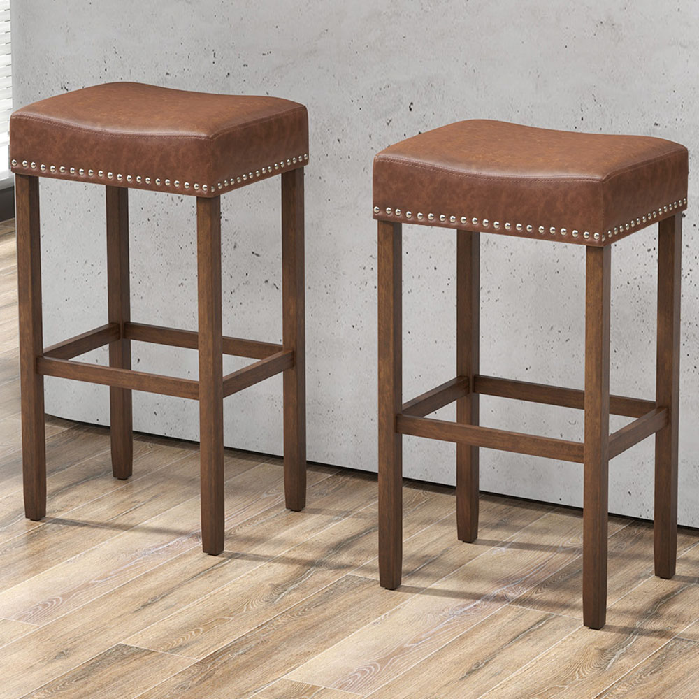 Costway Brown PU Leather Upholstered Bar Stool Set of 2 Image 1