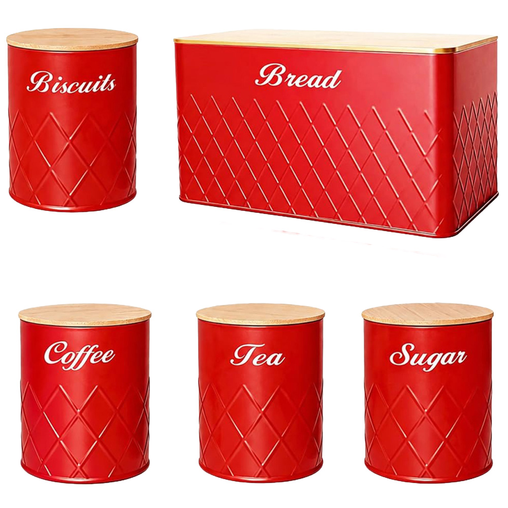 ATEK 5 Piece Red Kitchen Canister Set with Bamboo Lids Image 1